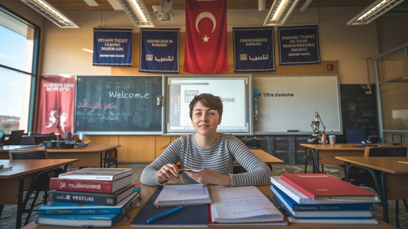 Find a high-resolution realistic stock photo that clearly represents the experience of learning multiple languages while studying at universities in Turkey The image should feature an international student (male or female) sitting at a desk or in a university classroom, surrounded by books and notes in different languages such as Turkish, English, and Arabic The student could be using a language learning app on a tablet or laptop, or holding flashcards and writing vocabulary in a notebook The background should include elements that represent a Turkish university environment, such as a Turkish flag, university banners, or signage in Turkish language A whiteboard or digital screen behind the student can display multilingual content (e.g., “Welcome” in different languages) to emphasize linguistic diversity Additional elements like dictionaries, translation books, or headphones (symbolizing language listening practice) can enhance the theme The lighting should be warm and academic, with a clear, engaging atmosphere that reflects personal growth, cultural integration, and academic development through multilingual learning in Turkey