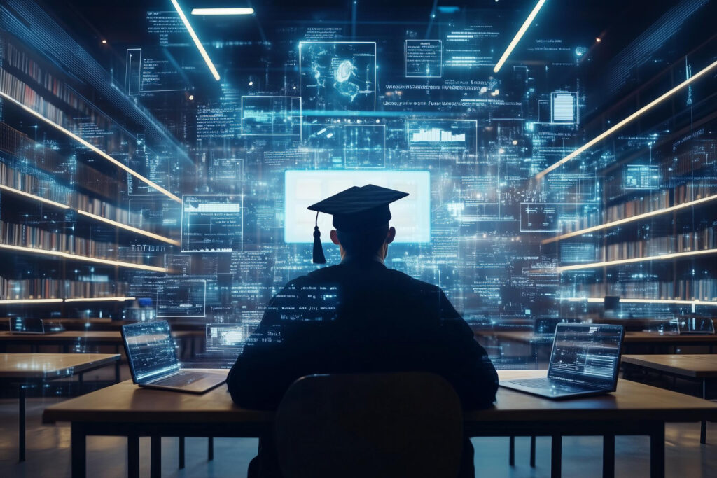 طلاب جامعيون يستخدمون تقنيات الذكاء الاصطناعي داخل حرم جامعي حديث لدعم العملية التعليمية