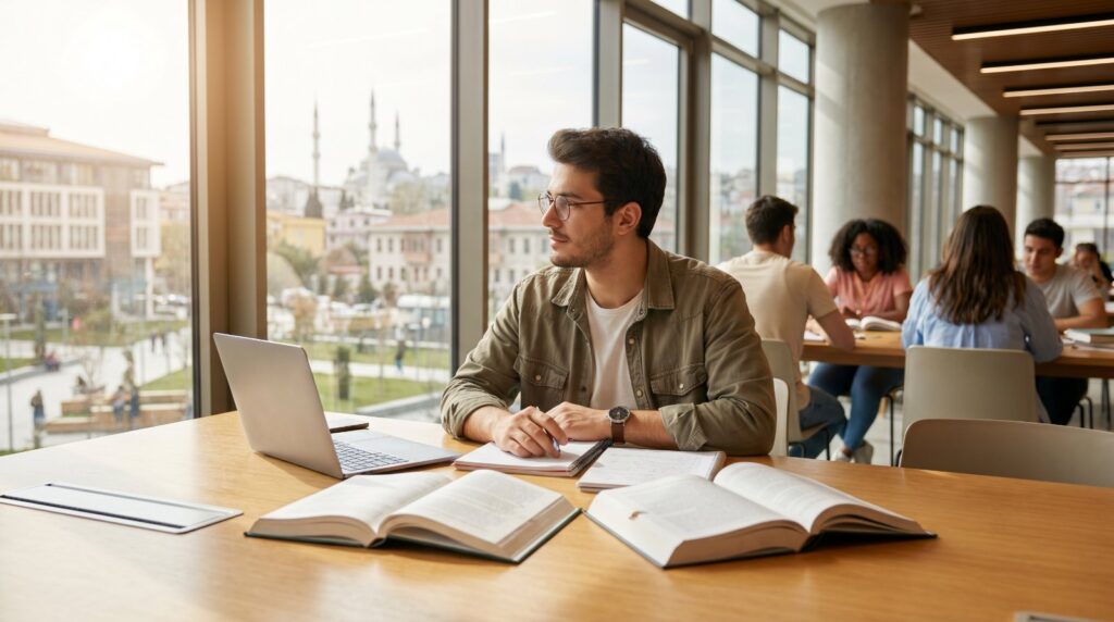 طالب دراسات عليا دولي يبحث في مكتبة جامعية حديثة في تركيا