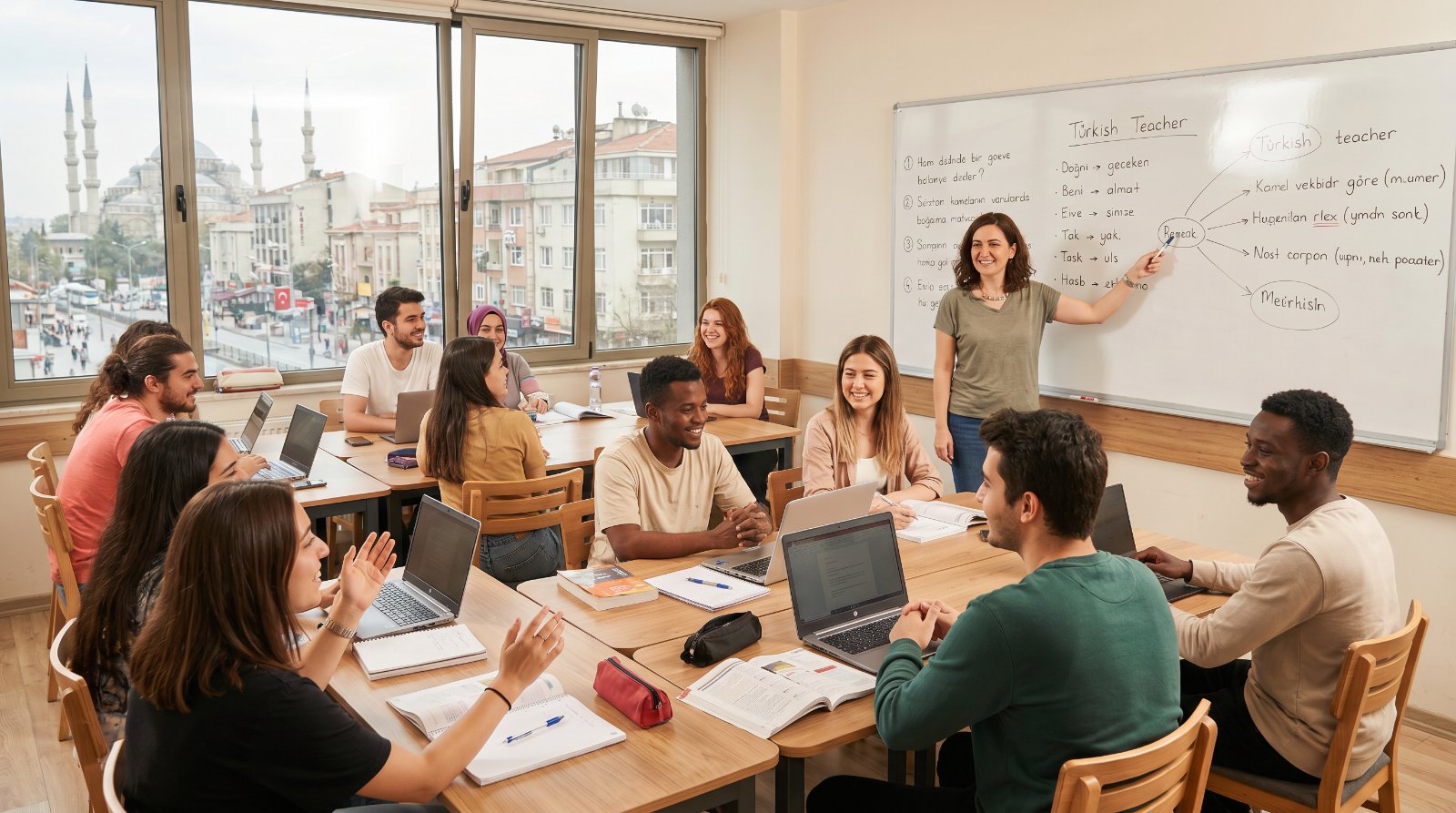 طلاب دوليون في صف السنة التحضيرية للغة داخل جامعة تركية حديثة