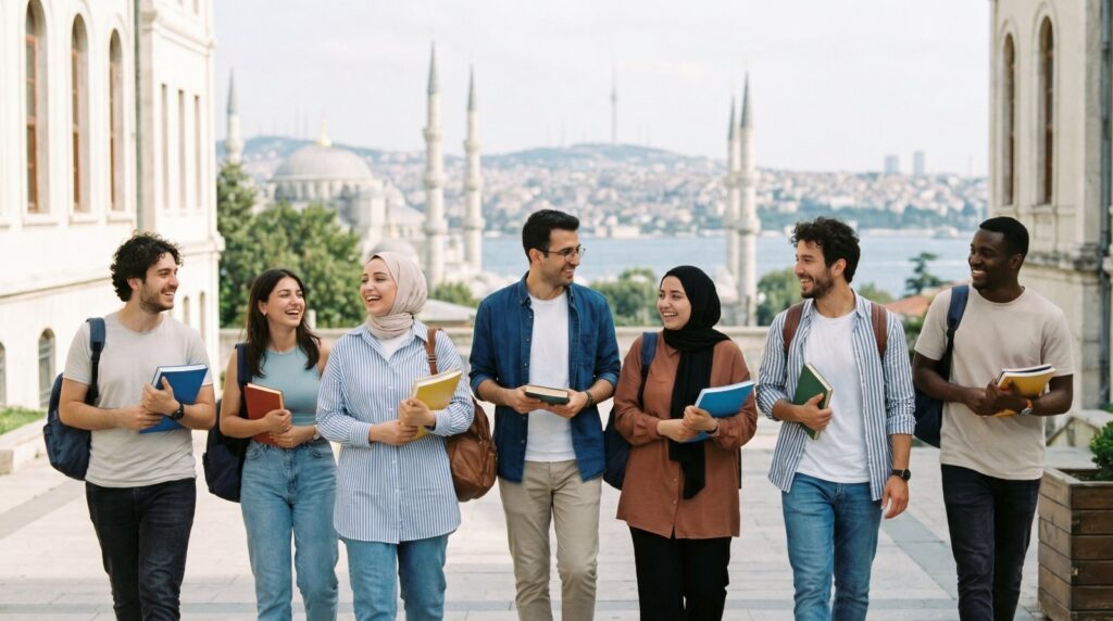 طلاب دوليون في حرم جامعي بإسطنبول مع إطلالة على المدينة
