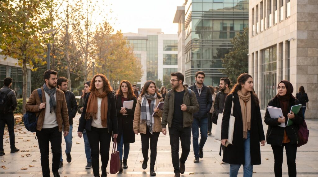 طلاب في حرم جامعة تركية والتقويم الأكاديمي في تركيا
