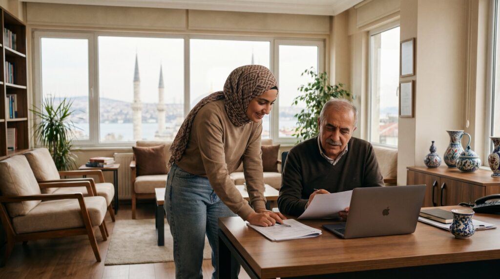 طالبة تراجع أوراق القبول المشروط في الجامعات التركية مع مستشار